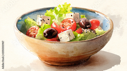 Delicious Greek salad in wooden bowl with tomatoes, olives, feta, lettuce art style