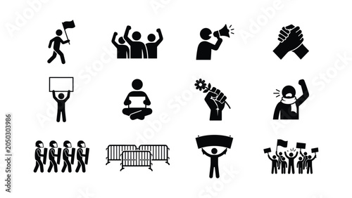 фотографія Set of protest and demonstration black icons representing civil unrest and public activism