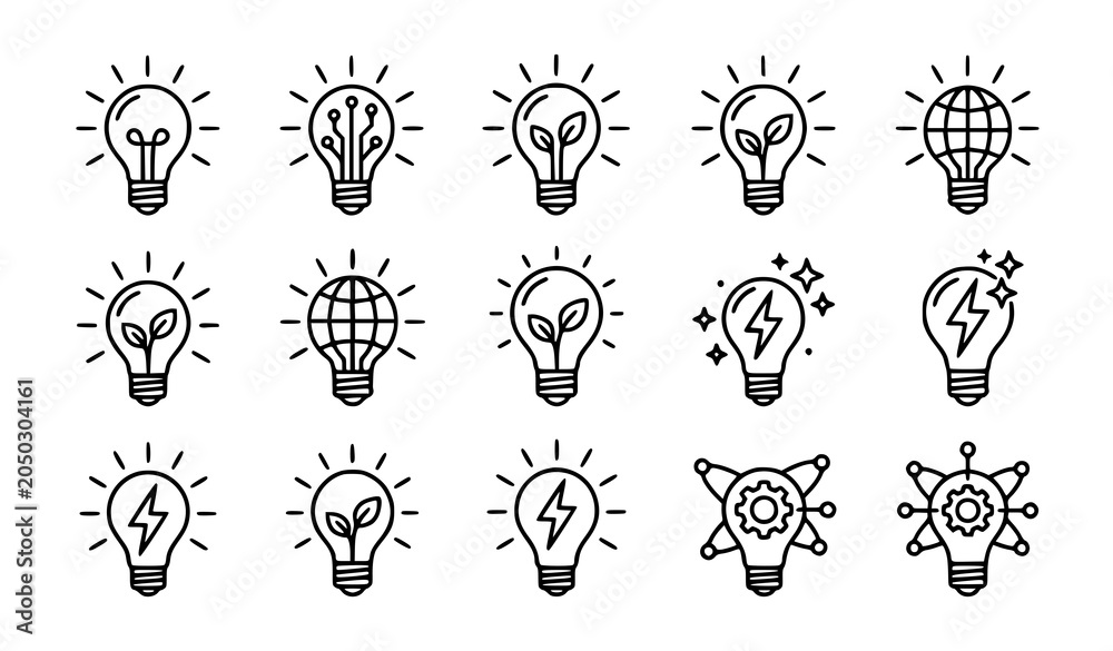 Obraz premium Modern Light Bulb Line Art Icons Representing Ideas Creativity Innovation and Smart Energy