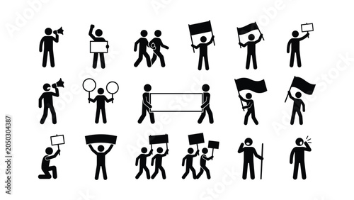 Tableau sur toile Set of stick figure icons depicting protesters and activists in demonstration
