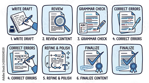 Editing process steps for content refinement including writing draft reviewing correcting and finalizing