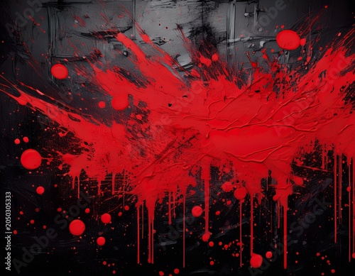 red spray paint blobs on rough grunge texture black background