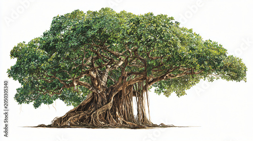 Detailed Illustration Of Massive Strangler Fig Tree With Exposed Intricate Root System