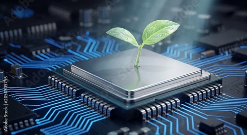 Small green sprout growing on a computer CPU chip processor inside a glowing blue circuit board