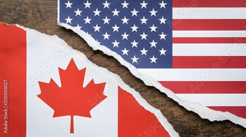 Torn american and canadian flags on wood background political concept