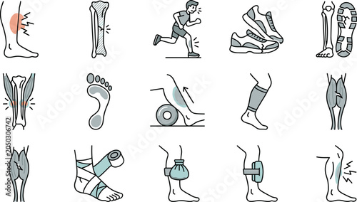 Bild auf Leinwand Shin Splints Medical Condition Symptoms Treatment and Prevention Line Art Icons