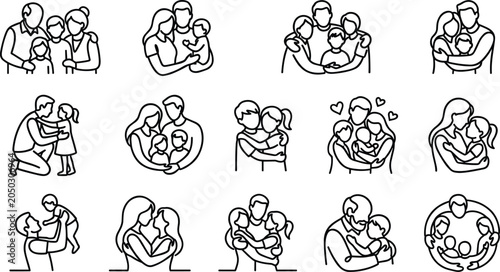 Tableau sur toile Set of line art icons depicting various family relationships and bonding moments