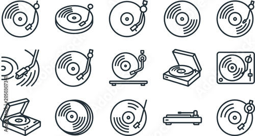 Set of vinyl record player and turntable line icons.