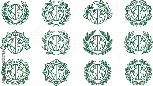 Obraz na płótnie Collection of various globe icons surrounded by diverse botanical wreaths