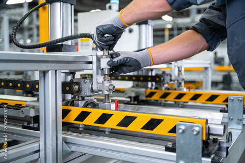 Foto Worker in protective gloves meticulously assembling industrial machinery on a fa