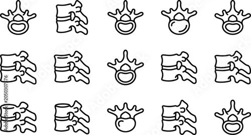 Quadro su tela Set of human spine vertebrae anatomical line art icons.