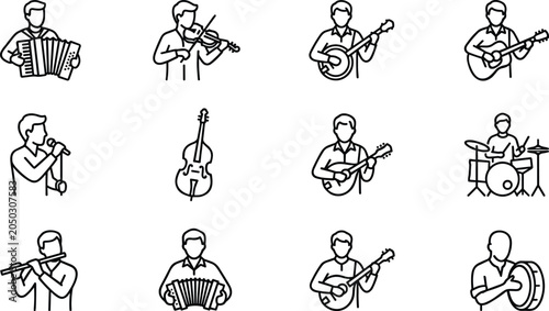 Set of outline icons featuring musicians playing various musical instruments.
