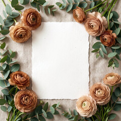 Blank white card surrounded by brown ranunculus flowers and green eucalyptus leaves on fabric background. Elegant and natural design