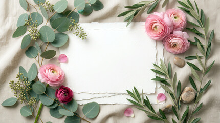 Blank white card surrounded by pink ranunculus flowers, eucalyptus leaves, and smooth stones on fabric background