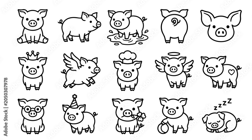 Obraz premium Cute cartoon pig icons set