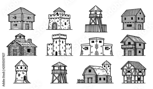 Schilderij op canvas Blockhouse Line Art Illustration Collection with Architectural Fortress Outline