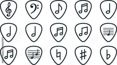 Set of guitar picks with various music note symbols.