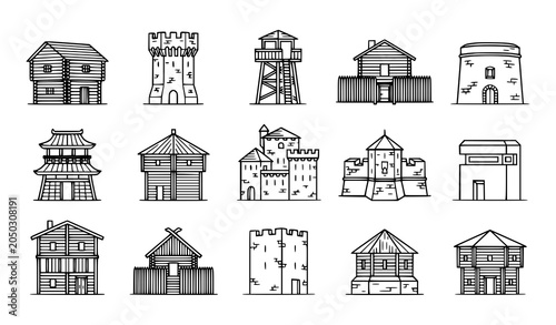 Foto Historic Blockhouse Architecture Line Art Vector Collection for Art and Design P