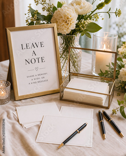 Leave a note wedding memory table with blank cards white flowers and candlelight