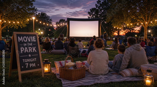 Outdoor movie night in park with families watching screen at dusk and string lights