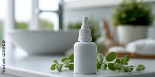 health accessories, nasal spray bottle in focus with a clean bathroom in the background and allergy relief products blurred out