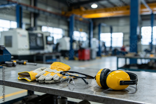 Tablou pe pânză Industrial safety equipment including gloves, glasses, and headphones on a workb