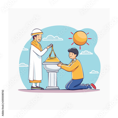 Two men interacting with a traditional lantern outdoors