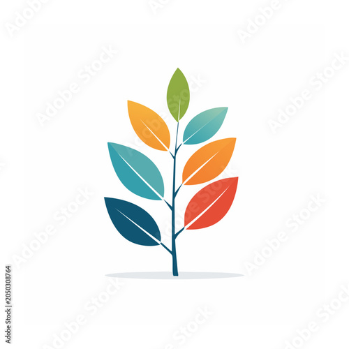 Stylized plant branch with colorful leaves on white background