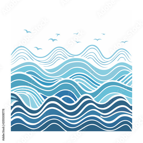 Stylized ocean waves with seagulls flying