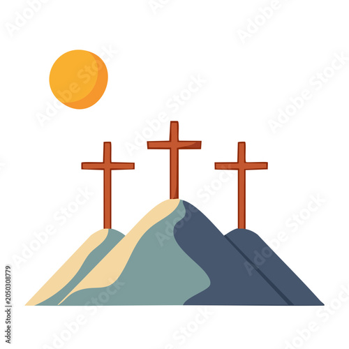 Three crosses on hills with sun, flat design illustration