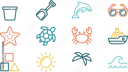 Photography Set of colorful hand drawn summer beach and vacation icons.