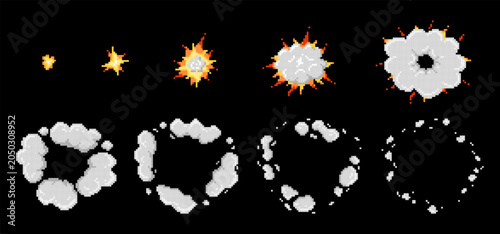 Pixel art explosion and smoke animation sprite sheet. Pixelated fire flame, flashes in retro style for 8 bit arcade game