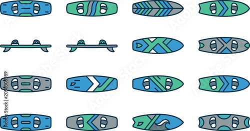 Obraz na plátně Set of colorful wakeboard and kiteboard icons for water sports.