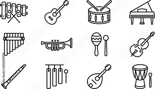 Photos Set of musical instruments icons line art illustration.