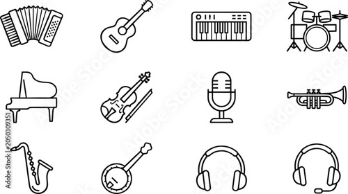 Foto Set of musical instruments and audio equipment icons.