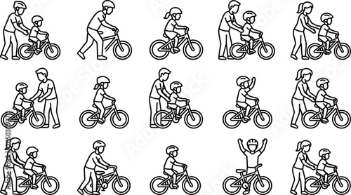 Set of outline icons showing parents teaching children to ride bicycles.