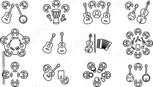 Valokuva Collection of musical ensemble icons with people and instruments in line art style
