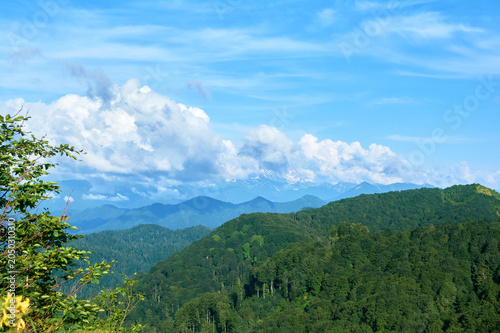 Mountains covered in dense green forest rise toward clouds, creating layered landscape where earth meets sky.