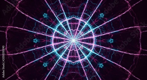 Abstract Digital Particle Wave Explosion with Neon Light Rays and Glowing Dots in Dark Space