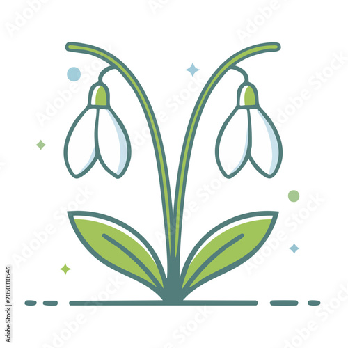 Flat design snowdrop flower icon with sparkles