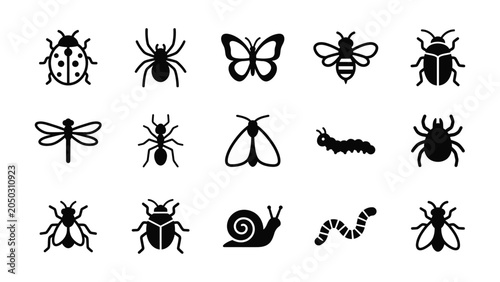 Bild auf Leinwand Collection of black insect and bug icons isolated on white background