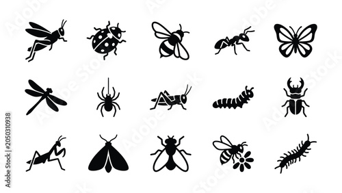 Bild auf Leinwand Collection of various insect silhouettes icons set.