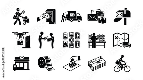 Foto Collection of black and white delivery and postal service icons.