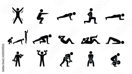 Cuadro en lienzo Set of black and white fitness and exercise stick figure icons.