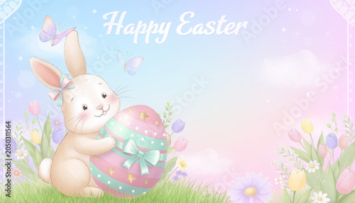 Cute rabbit holding a big Easter egg Generated image