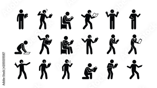 Schilderij op canvas Set of stick figure icons depicting people reading books and studying