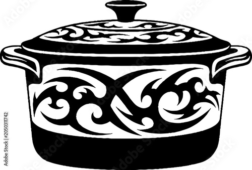 Traditional cooking pot with tribal patterns