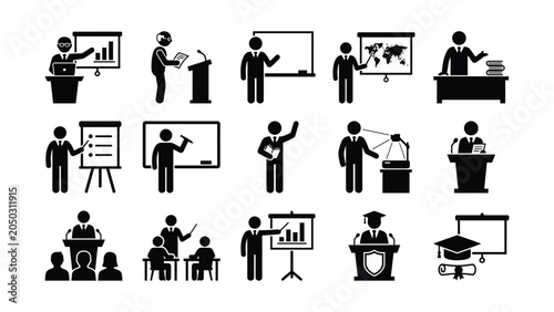 Quadro su tela Set of black and white stick figure icons representing various professional presentation and teaching scenarios