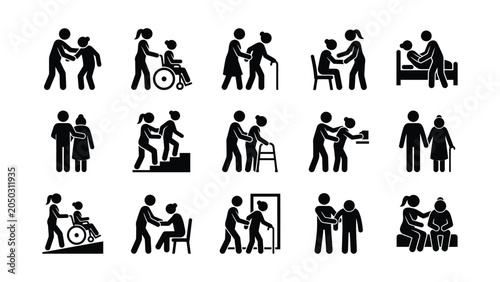 Fotografie Set of black and white icons representing caregivers helping elderly and disabled people