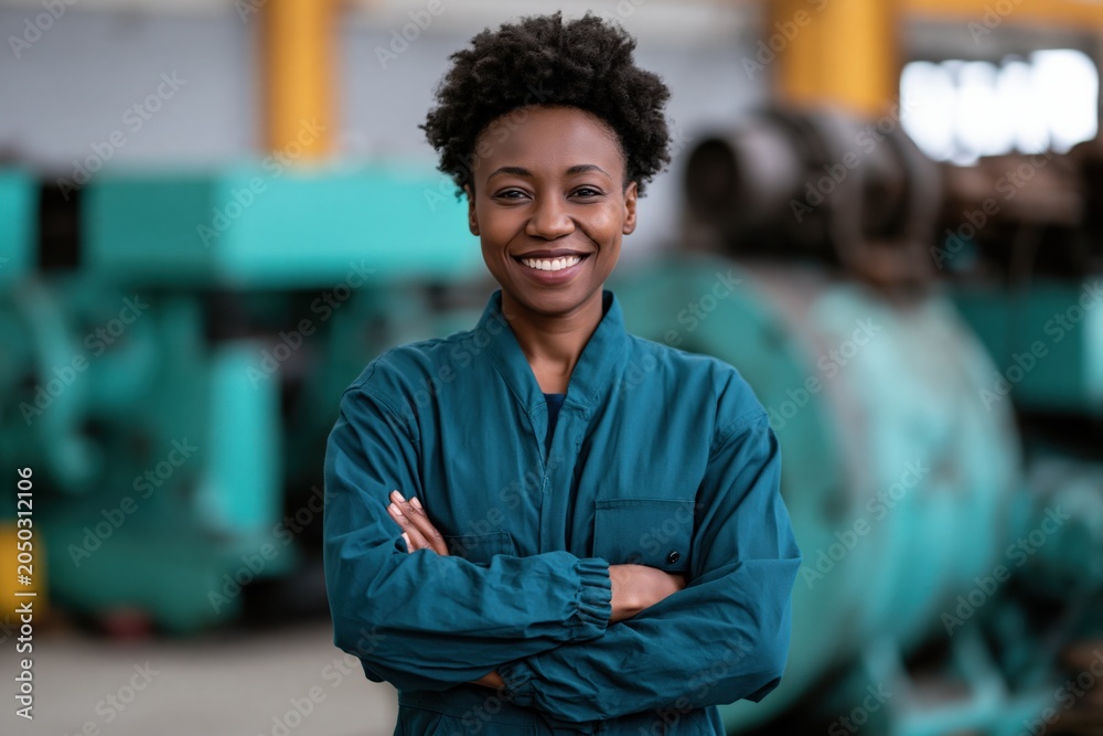 Fototapeta premium Confident female technician standing with folded arms in a machine shop for corporate brochure and industry background design